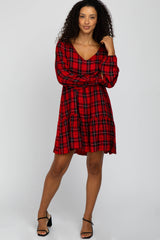 Red Plaid Tiered Long Sleeve Dress