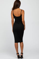 Black Double Layered Fitted Midi Dress