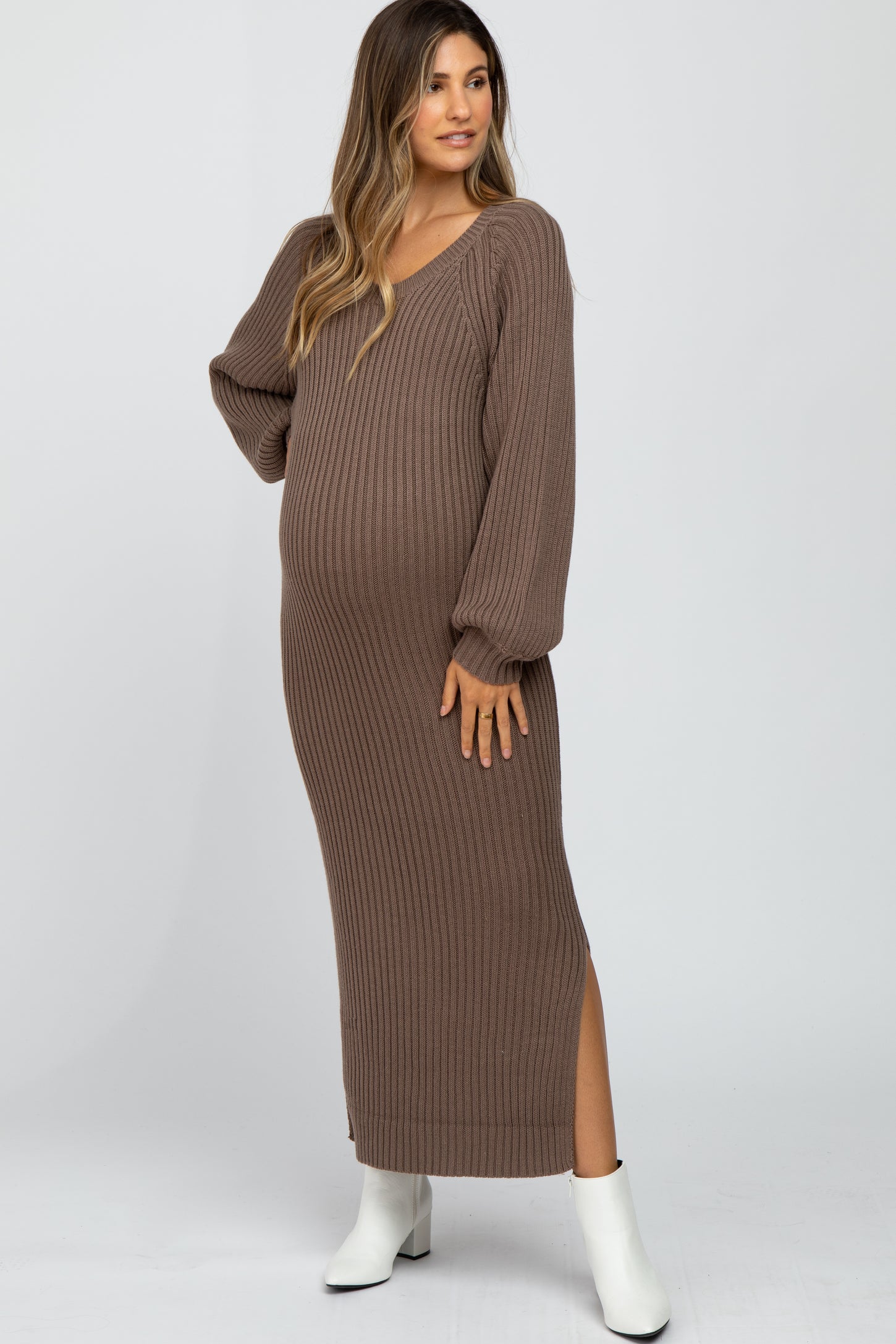 Taupe Side Slit Maternity Maxi Sweater Dress– PinkBlush