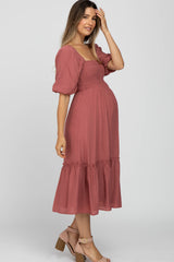 Mauve Puff Sleeve Smocked Maternity Midi Dress