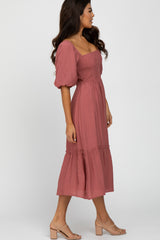 Mauve Puff Sleeve Smocked Midi Dress