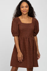 Brown Textured Puff Sleeve Maternity Dress