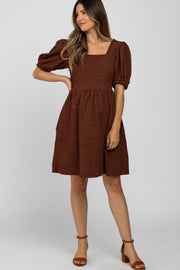 Brown Textured Puff Sleeve Maternity Dress