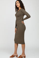 Olive Ribbed Striped Midi Dress