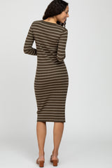 Olive Ribbed Striped Midi Dress