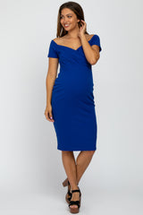 PinkBlush Royal Blue Solid Off Shoulder Maternity Fitted Dress