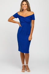 PinkBlush Royal Blue Solid Off Shoulder Maternity Fitted Dress