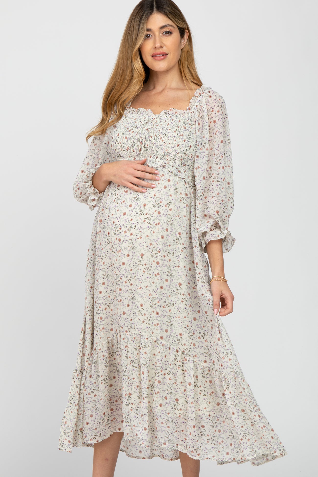 Ivory Floral Smocked 3/4 Sleeve Maternity Dress – PinkBlush