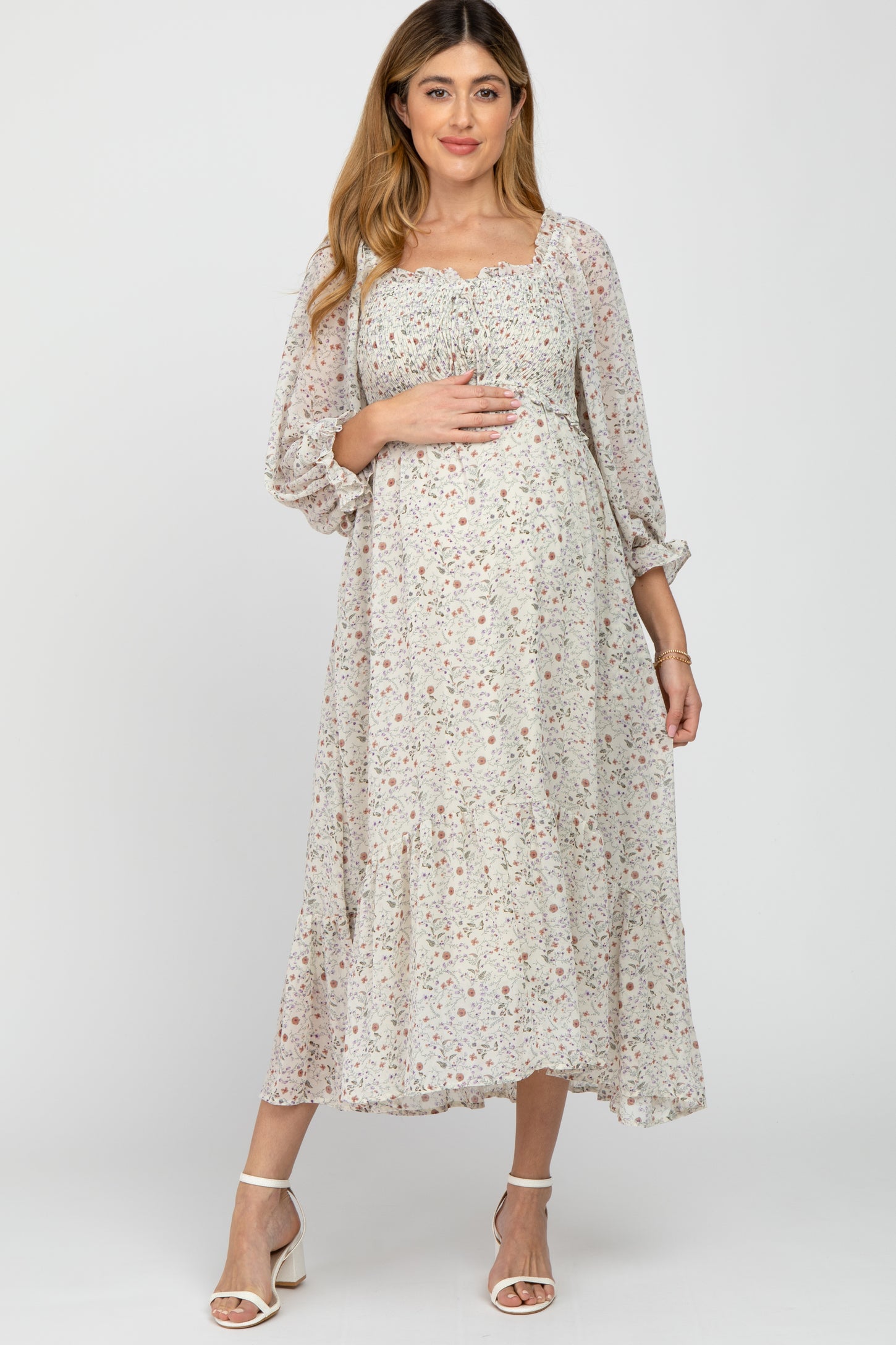 Floral Maternity Dress for Photoshoot Baby Shower, Square Neck Puff Sleeve  Maternity Boho Smocked Pregnancy Dresses
