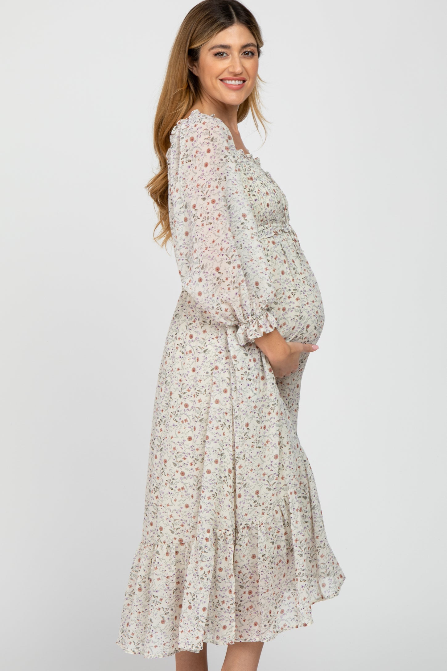 Ivory Floral Smocked 3/4 Sleeve Maternity Dress– PinkBlush
