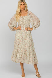 Ivory Floral Smocked 3/4 Sleeve Dress