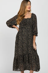 Black Floral Smocked 3/4 Sleeve Maternity Dress