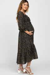 Black Floral Smocked 3/4 Sleeve Maternity Dress