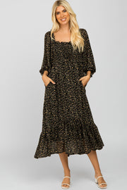 Black Floral Smocked 3/4 Sleeve Dress