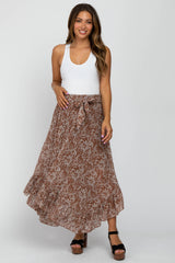 Brown Floral Ruffle Hem Maternity Midi Skirt