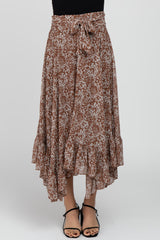 Brown Floral Ruffle Hem Midi Skirt