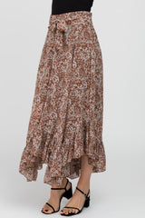 Brown Floral Ruffle Hem Midi Skirt