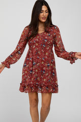 Burgundy Floral Chiffon Ruffle Accent Dress