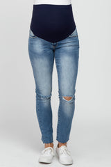 Blue Distressed Raw Hem Maternity Jeans