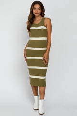 Olive Striped Sleeveless Sweater Maternity Midi Dress