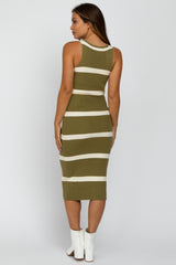 Olive Striped Sleeveless Sweater Maternity Midi Dress