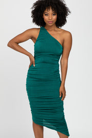 Forest Green One Shoulder Ruched Side Midi Dress