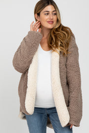 Taupe Sherpa Fleece Hooded Maternity Jacket