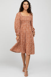 Rust Floral Smocked Tiered Midi Dress