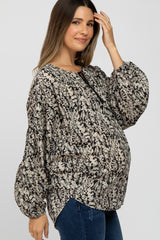 Black Leaf Print Peasant Sleeve Maternity Blouse