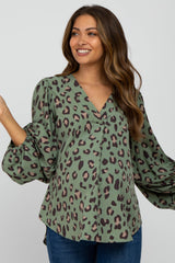 Olive Animal Print Balloon Sleeve Maternity Blouse