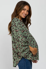 Olive Animal Print Balloon Sleeve Maternity Blouse