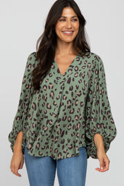 Olive Animal Print Balloon Sleeve Blouse