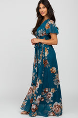 Teal Floral Chiffon Short Sleeve Pleated Maxi Dress