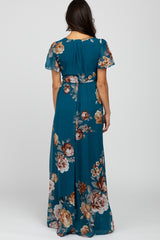 Teal Floral Chiffon Short Sleeve Pleated Maxi Dress