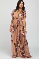 Beige Floral Chiffon Short Sleeve Pleated Maternity Maxi Dress