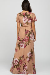 Beige Floral Chiffon Short Sleeve Pleated Maxi Dress