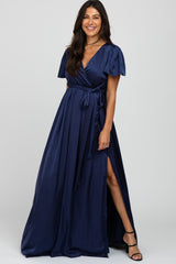 Navy Side Slit Satin Maxi Dress