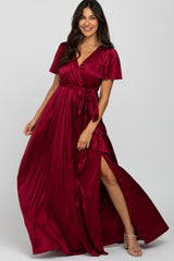 Burgundy Side Slit Satin Maxi Dress