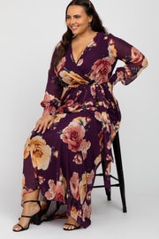 Plum Floral Chiffon Long Sleeve Pleated Plus Maxi Dress