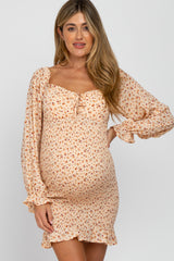 Cream Floral Long Sleeve Smocked Maternity Mini Dress