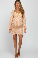 Cream Floral Long Sleeve Smocked Maternity Mini Dress