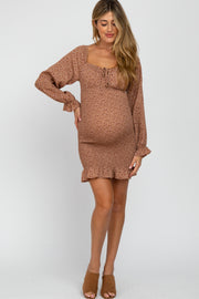 Taupe Floral Long Sleeve Smocked Maternity Mini Dress