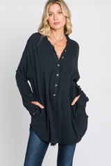 Black Distressed Seam Button Down Top