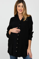 Black Distressed Seam Maternity Button Down Top