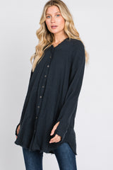 Black Distressed Seam Button Down Top