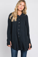 Black Distressed Seam Button Down Top