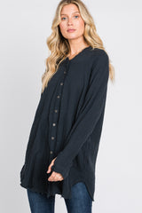 Black Distressed Seam Button Down Top