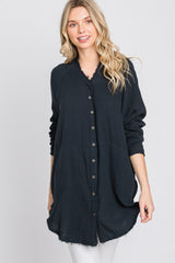 Navy Distressed Seam Button Down Top