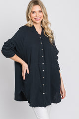 Navy Distressed Seam Button Down Top