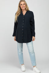 Navy Distressed Seam Maternity Button Down Top